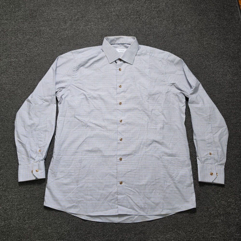 Eton Dress Shirt Blue Tan Micro Check Mens 17.5 Contemporary Fit Long Sleeve - Picture 2 of 8
